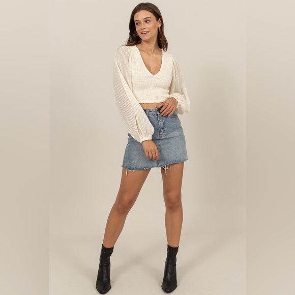 39B. Balloon Sleeve Smocked Sequin Crop Top - Cream - Picture 2 of 5